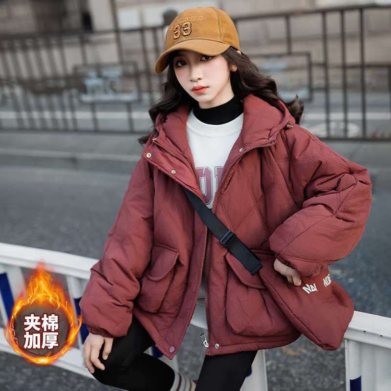 女童冬款外套2024新款韩版中大童宽松时髦连帽加绒棉服拉链衫送包