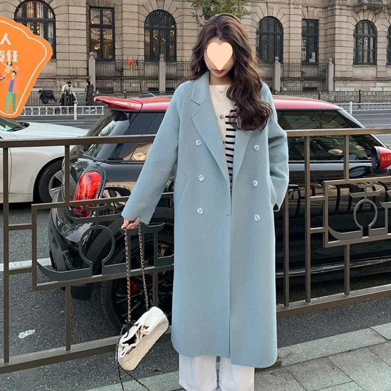 蓝色气质呢子大衣女2024年秋冬新款韩版宽松中长款赫本风毛呢