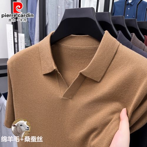 皮尔卡丹高端桑蚕丝羊毛衫男士短袖中青年秋冬新款翻领针织打底衫