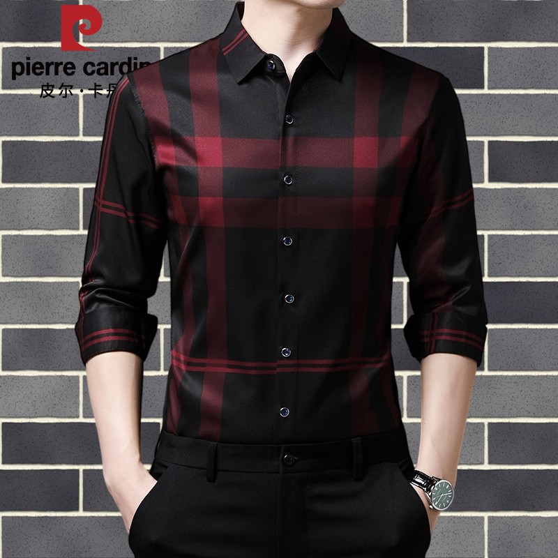 皮尔卡丹高级感衬衫男长袖2025春季新款时尚潮流帅气免烫格子衬衣