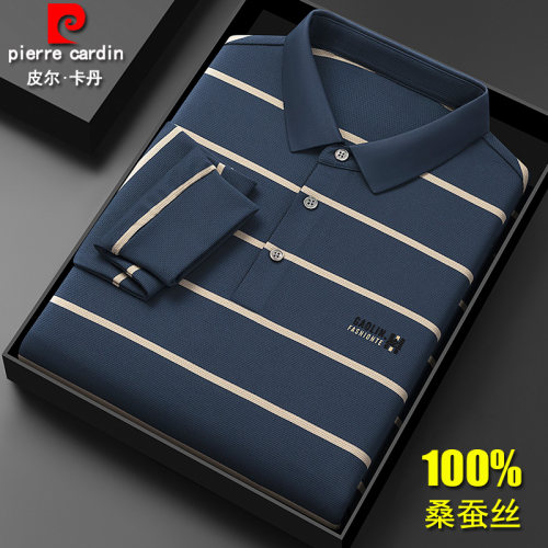 皮尔卡丹正品桑蚕丝长袖t恤男士冰丝秋季薄款中年条纹半袖polo衫