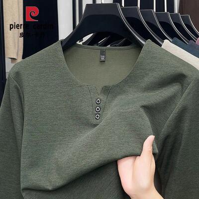 【100棉】皮尔卡丹长袖t恤男款春秋季小V领套头中年男士打底体恤