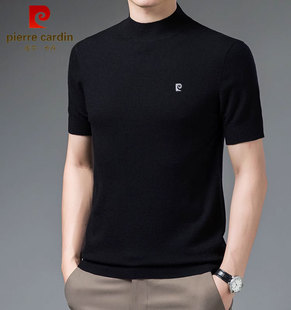 皮尔卡丹正品100%羊绒短袖针织毛衣男半高领半袖羊毛衫春秋打底衫