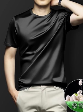 桑蚕丝黑色T恤男短袖圆领韩版修身速干透气弹力高端体恤纯色上衣