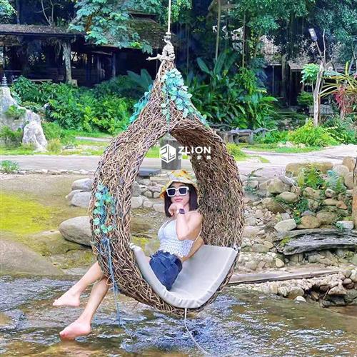 巴厘岛户外藤编网红创意爱心鸟巢秋千景区打卡婚纱拍摄道具圆形床