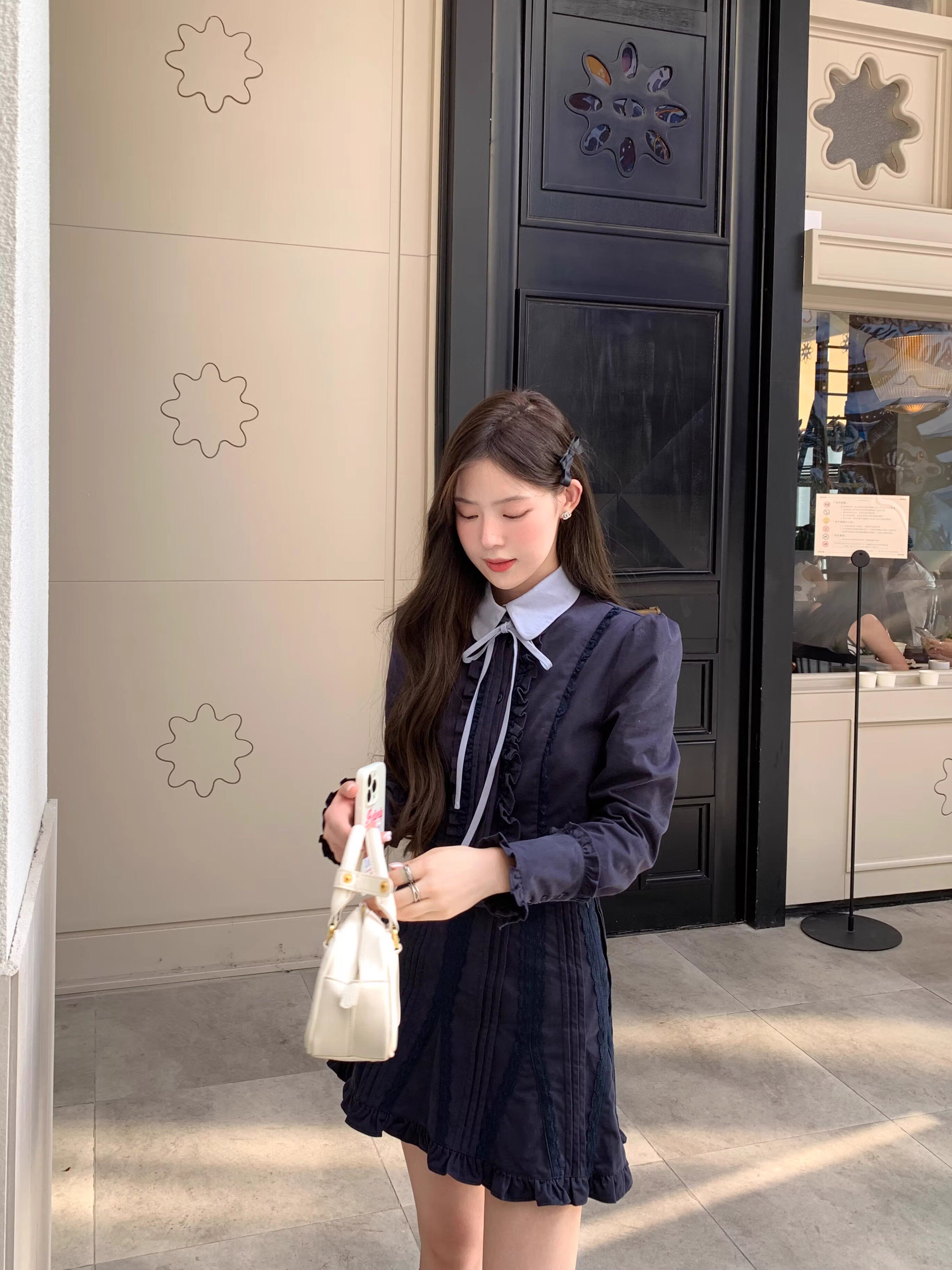 deeeefuu沛沛 时空蔷薇录 蕾丝套装蝴蝶结重工上衣藏青色半身裙