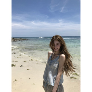 ZhiDaoLe 海风清浅 条纹V领挂脖吊带蓝色无袖设计感背心上衣夏季