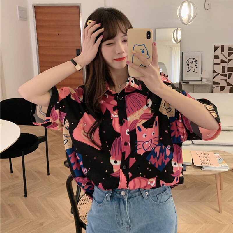 新款印花衬衫女复古港味2026夏ins潮小众锁骨上衣心机设计感短袖