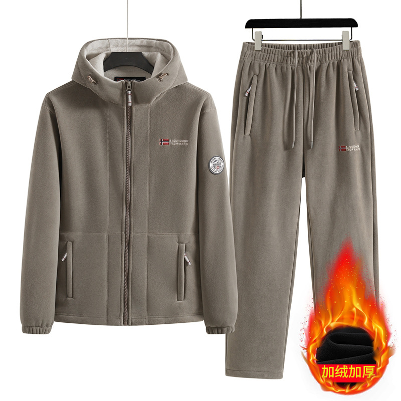 新款挪威户外奥粒绒连帽款外套加绒加厚防寒保暖抓绒套装男款夹克