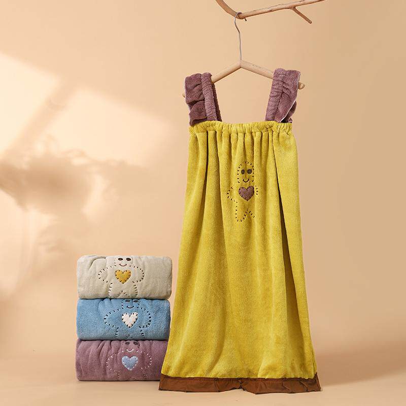 可爱吊带浴巾女可穿可裹珊瑚绒成人洗澡家用浴裙浴袍加厚花边浴衣