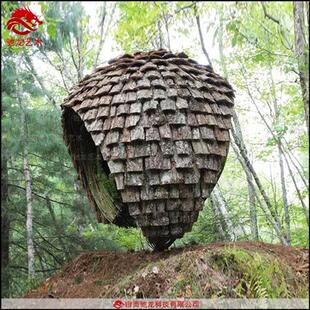 木块拼接艺术休息亭仿真树皮鸟巢造型装置制作露营乡村游景观打造