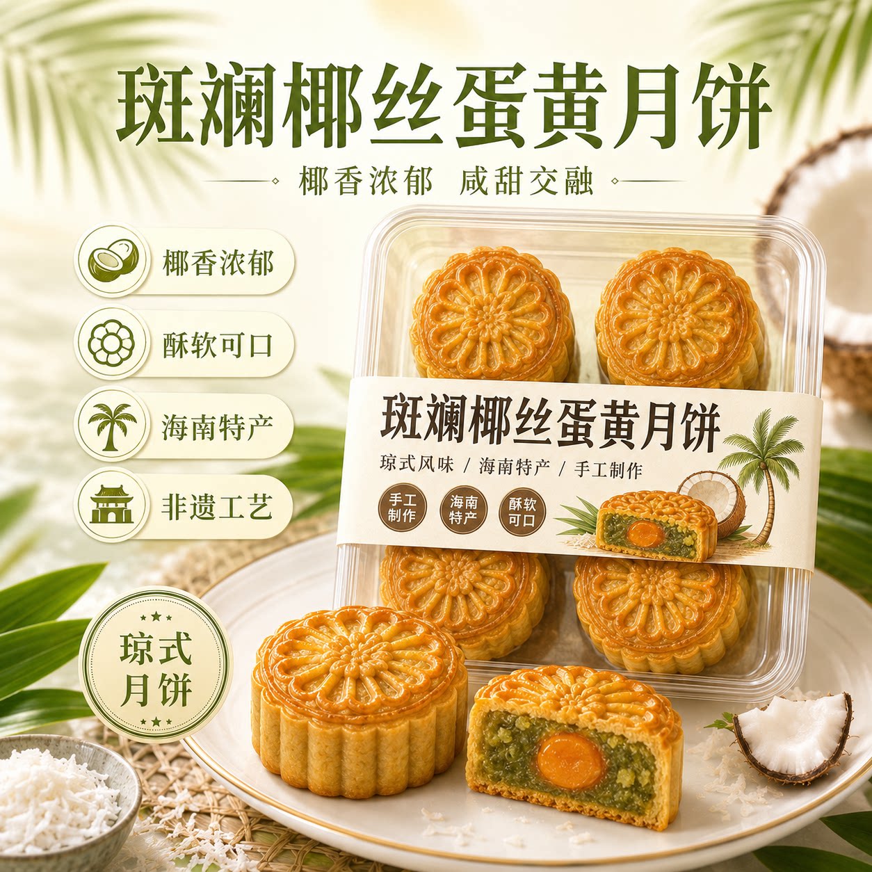 【海南特产】琼式月饼酥皮莲蓉椰蓉蛋黄香芋斑斓椰丝手工月饼中秋图片