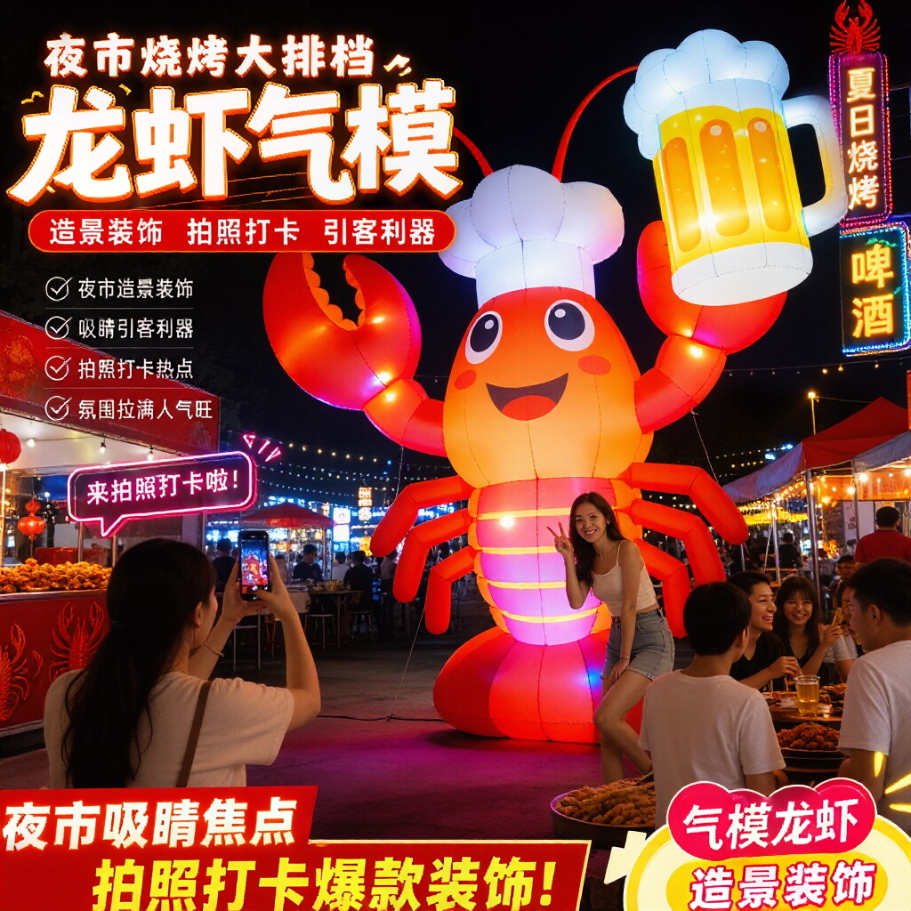 小龙虾充气拱门大型发光仿真龙虾模型夜市烧烤店开业门打卡道具
