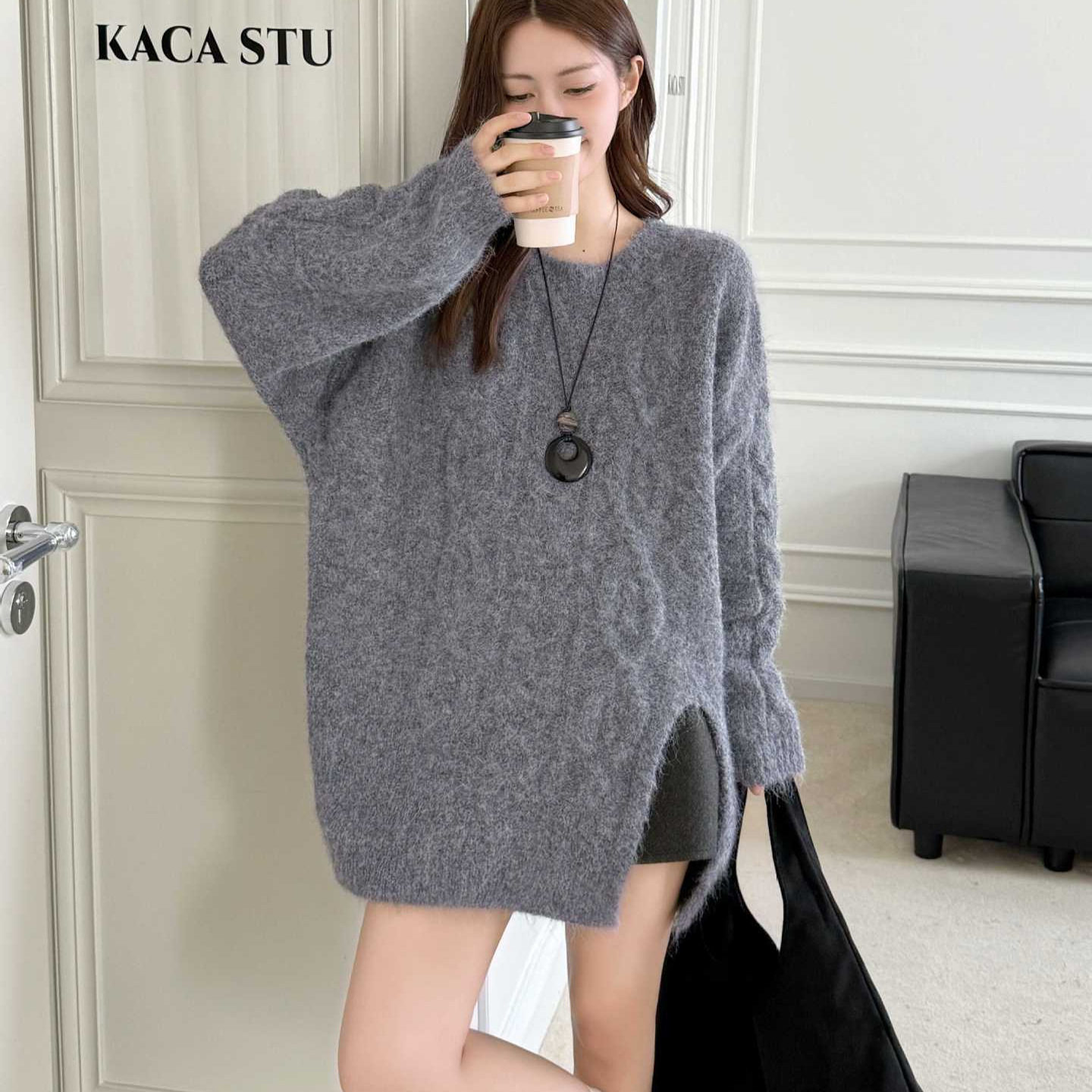 韩版宽松慵懒风内搭套头毛衣女士秋冬新款软糯麻花圆领开叉针织衫