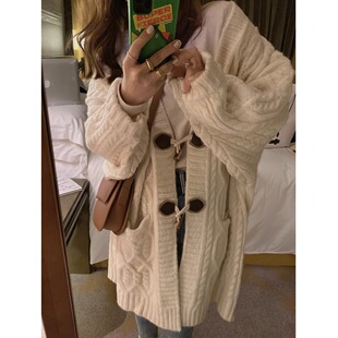 复古麻花毛衣外套女2025秋冬中长款慵懒风针织开衫外搭宽松上衣潮