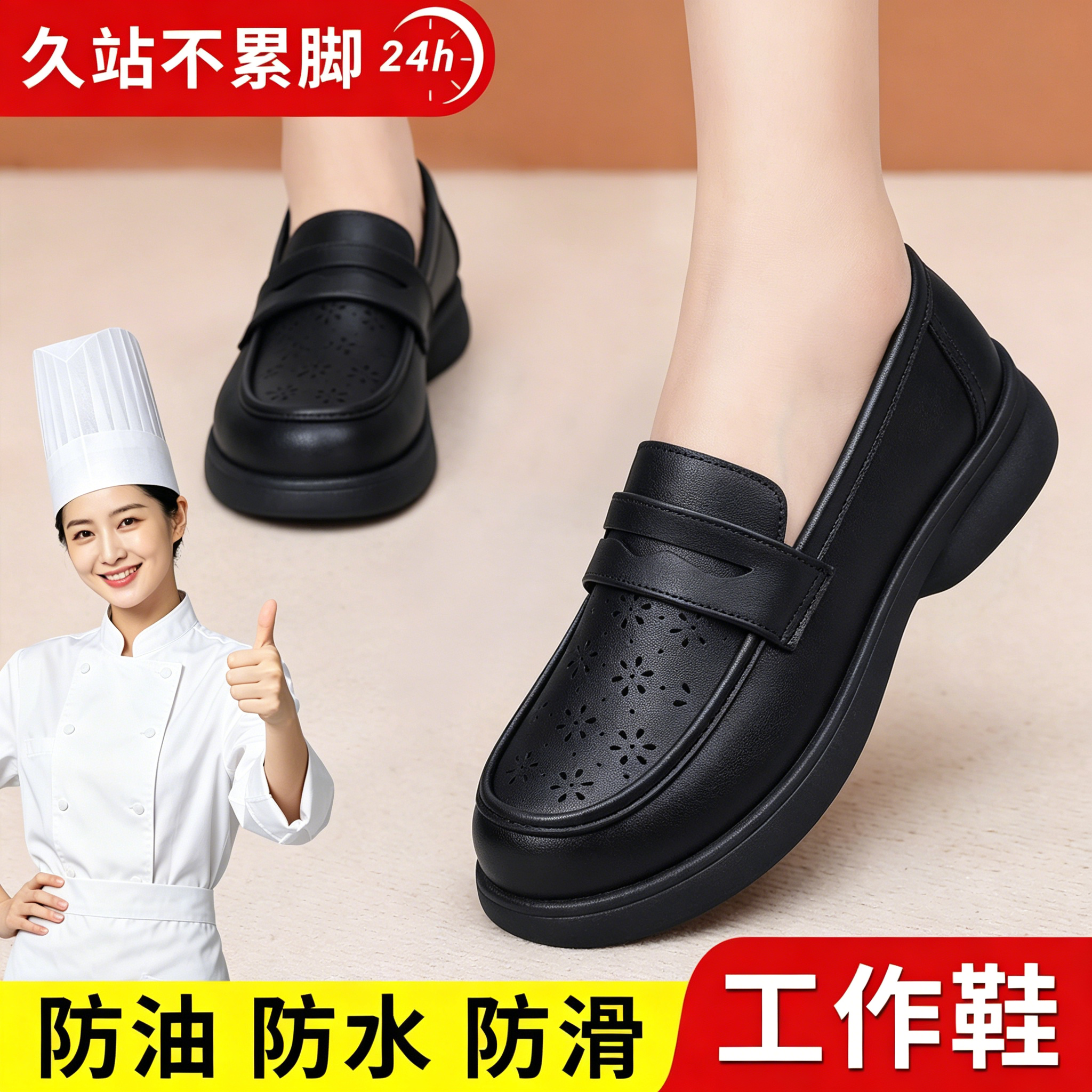 肯德基厨房防滑工作鞋女黑色镂空透气洞洞单鞋软底不累脚妈妈皮鞋