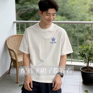 白色圆领印花宽松潮流半袖 高端纯棉短袖 新款 2026夏季 上衣 T恤男款