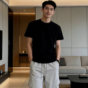 新款 T恤男2026年夏季 宽松圆领纯棉百搭黑色上衣ins 风潮流短袖 美式