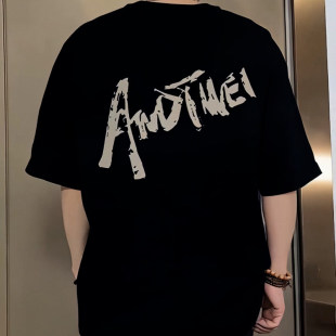 港风版 新款 黑色纯棉宽松圆领上衣 T恤男2026夏季 潮牌英文印花短袖