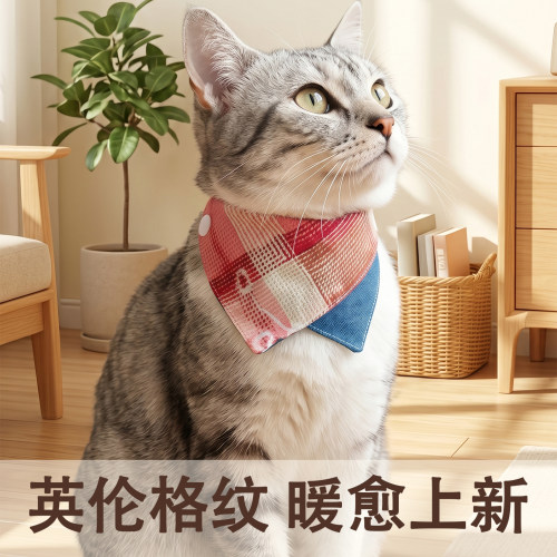 复古红格纹宠物口水巾 猫狗通用可调节三角巾 牛仔拼接防脏围脖