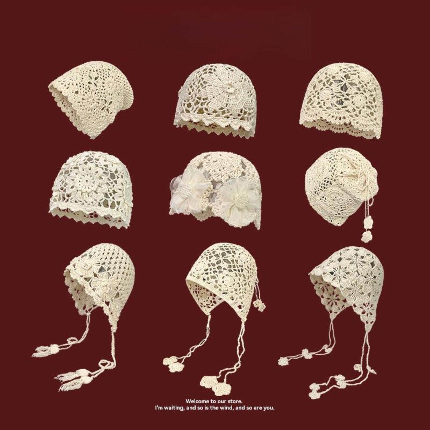 手工编织镂空包头帽女士钩花民族风旅行拍照套头针织帽子