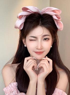 高端感~粉色温柔的蓝色珍珠大蝴蝶结发夹女士背部发饰夹头饰弹簧