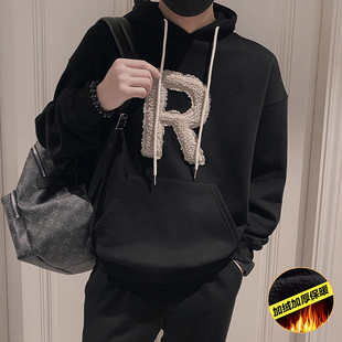 冬季社会精神小伙连帽R字加绒加厚卫衣男160青年S号XS码套头外套