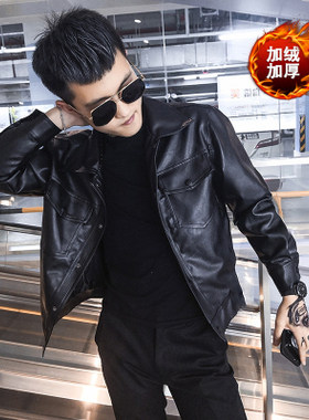 宽松短款翻领皮衣皮夹克机车外套