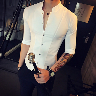 发型师小码七分袖衬衣男工作服休闲韩版修身小码S号XS中袖衬衫160