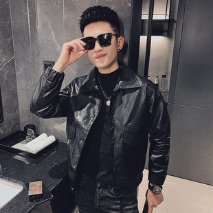 网红小码机车皮衣夹克男2023社会人青年S号XS宽松短款PU皮外套155