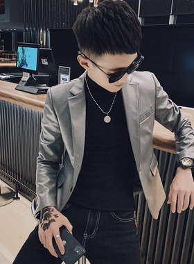 社会小伙加绒休闲西装男韩版修身皮衣矮个子XS码小西服发型师外套