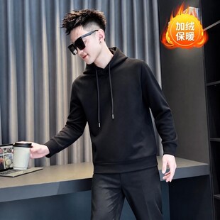 秋冬XS简约小码男加绒卫衣长袖T恤休闲小个子韩版纯色连帽打底衫S