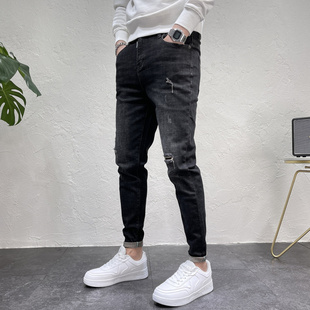 潮流修身 男韩版 小脚裤 黑灰色26码 春夏小码 27显瘦九分裤 破洞牛仔裤