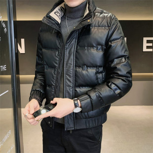 冬季压花加厚保暖羽绒服男155矮个子S号XS码短款修身PU皮棉袄外套