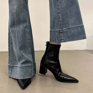 真皮高跟短靴女粗跟尖头后拉链新款秋冬季百搭黑色高级感马丁靴子