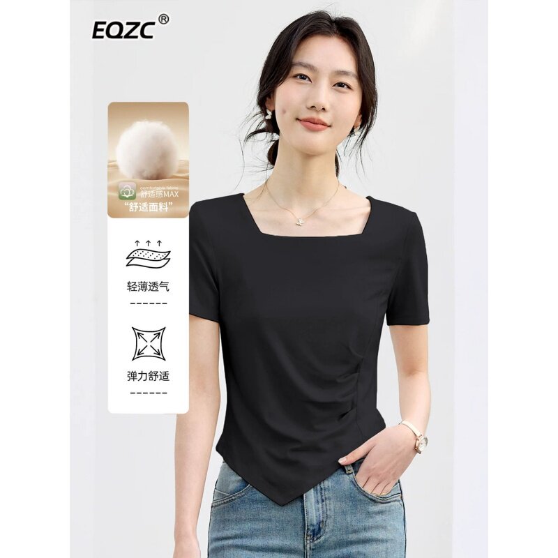 黑色方领短袖T恤女2026新款夏装