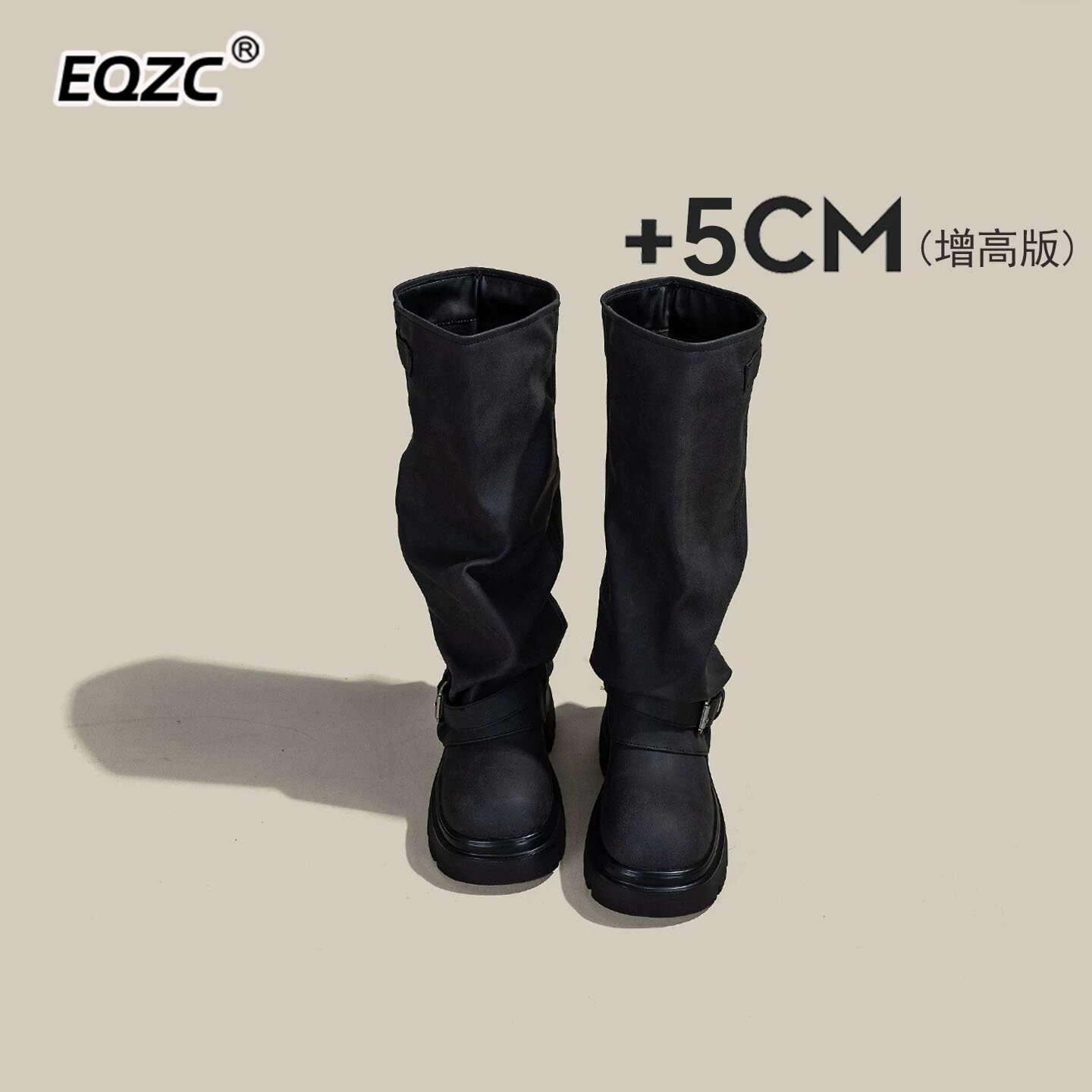 厚底增高5cm带扣翻领裤管靴女2026秋新款圆头休闲百搭减龄骑士靴