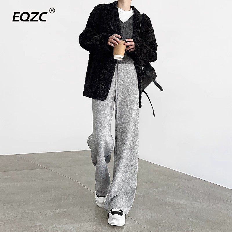 灰色加绒卫裤女冬季2025新款高腰垂感宽松休闲直筒微喇运动阔腿裤