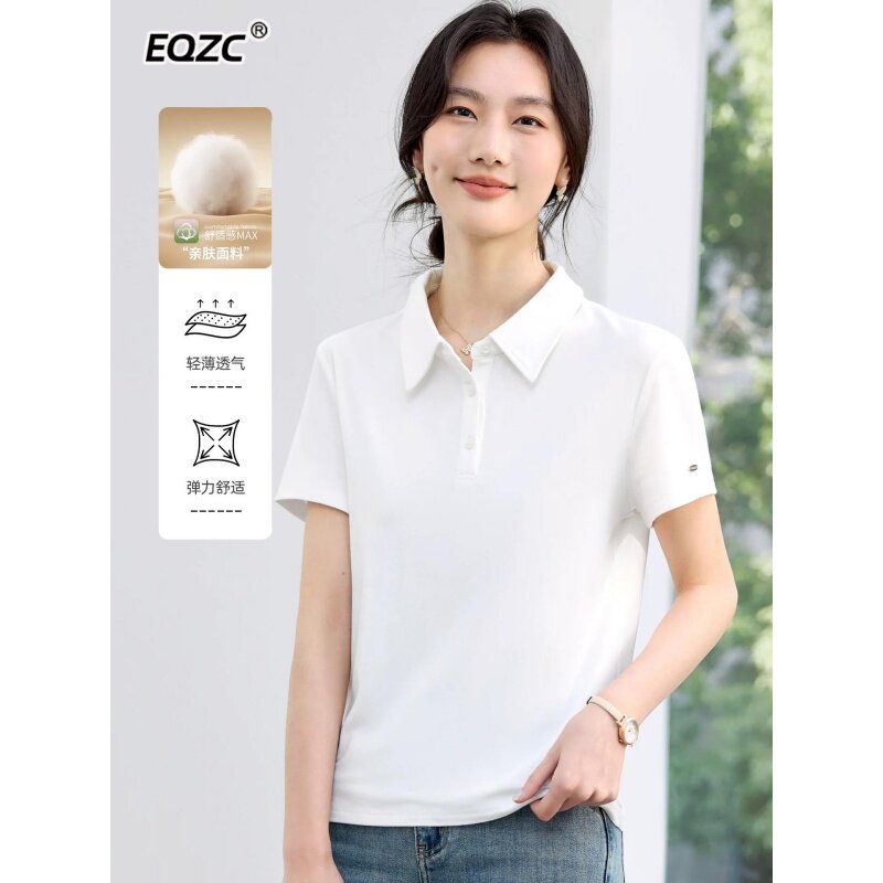 白色翻领短袖T恤女2026新款夏季洋气修身设计感正肩上衣polo衬衫