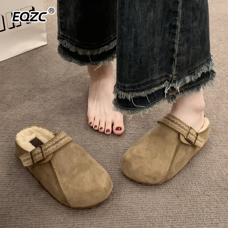 内增高厚底加绒勃肯鞋包头半拖鞋女2026新款34码一脚蹬棉拖鞋