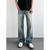 HMN 百搭休闲显高显瘦长裤 Studio美式 复古做旧猫须水洗直筒牛仔裤