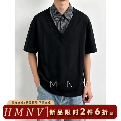 HMNV美式假两件polo衫男士夏季高级感衬衫领t恤痞帅条纹拼接短袖