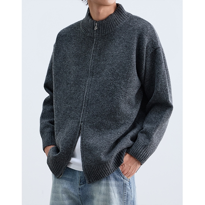 HMN Studio美式复古立领双头拉链开衫毛衣外套男女潮牌针织衫上衣