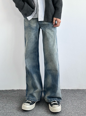 HMN Studio复古水洗蓝竹节微喇牛仔裤男女通勤百搭cleanfit长裤子