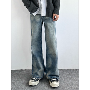 HMN Studio复古水洗蓝竹节微喇牛仔裤男女通勤百搭cleanfit长裤子
