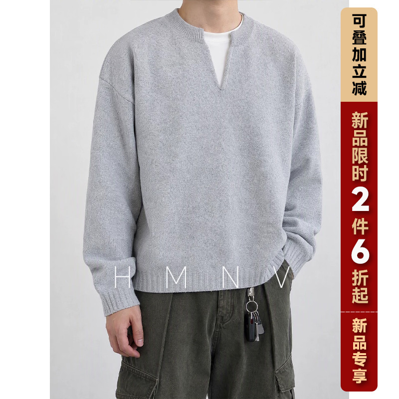 HMNV美式复古绵羊毛混纺V领假两件毛衣2026秋情侣宽松针织衫图片