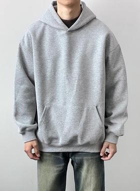 HMN Studio美式重磅加绒纯色宽松连帽卫衣硬挺秋冬情侣款百搭外套