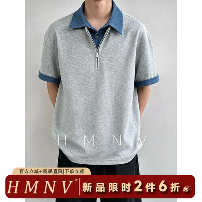 HMNV假两件翻领miu系学院风短袖T恤男情侣韩版潮流衬衫领体恤