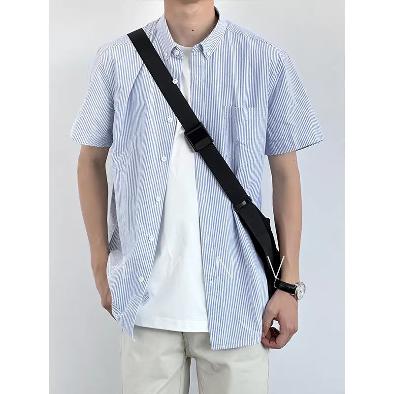 HMN Studio日系cityboy条纹短袖衬衫男夏天潮牌宽松廓形潮流衬衣图片