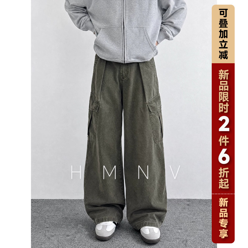 HMNV美式水洗做旧军绿工装裤男伞兵裤阔腿裤宽松直筒多口袋休闲裤图片